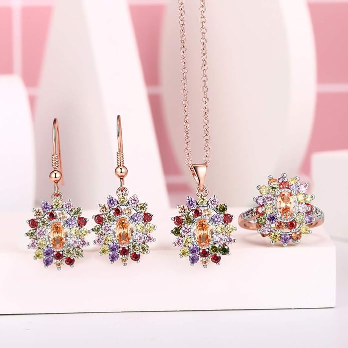 JIANGYUE Multicolor Cubic Zirconia Ring Rhodium Rose Gold Plated Multi-Stone Ring for Women Fashion Jewelry