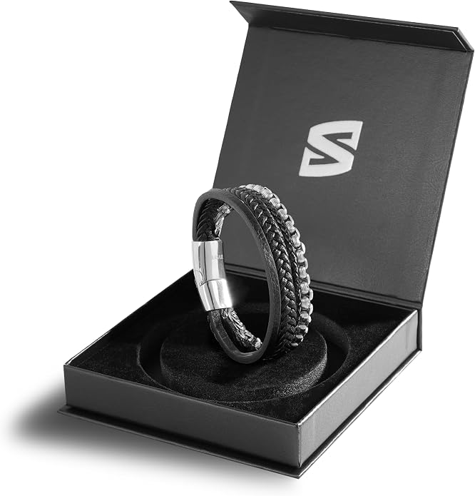 SERASAR Premium Leather Bracelet Men | Stainless Steel Magnetic Clasp | Three Colors | Jewelry Box Included