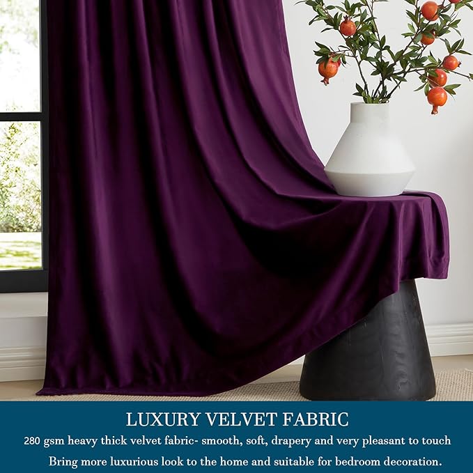 PRIMROSE Purple Velvet Curtains 102 inch Long for Living Room,Set of 2 Panels Blackout Rod Pocket Back Tab Window Treatment Room Darkening Heavy Decorative Curtains Drapes for Bedroom