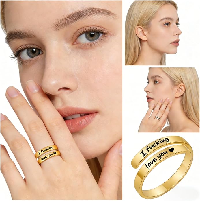 I Fcking Love You Ring, Stainless Steel Engraved Inspirational Words Heart Open Adults Women Vintage Promise Rings Lover Wife Jewelry