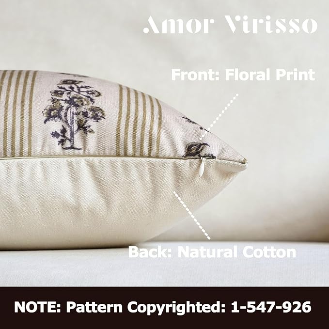 Amor Virisso Floral Throw Pillow Covers 18x18 Set of 2 Block Print Pillow Covers Neutral Floral Striped Farmhouse Decorative Pillow Covers for Sofa Couch Bed, Yellow