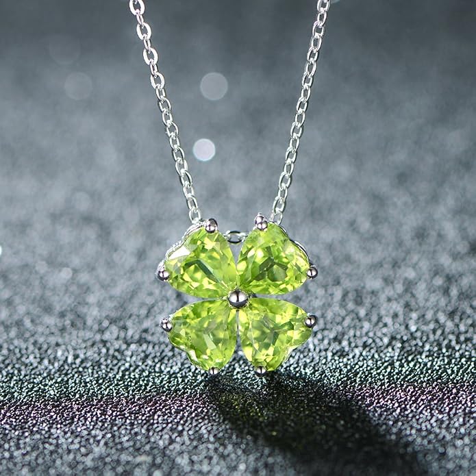 JIANGXIN Colorful Birthstone 925 Sterling Silver Handmade Pendant Necklace for Women Lucky Four Leaf Clover Plant Shamrock Jewelry Rhodium Plated