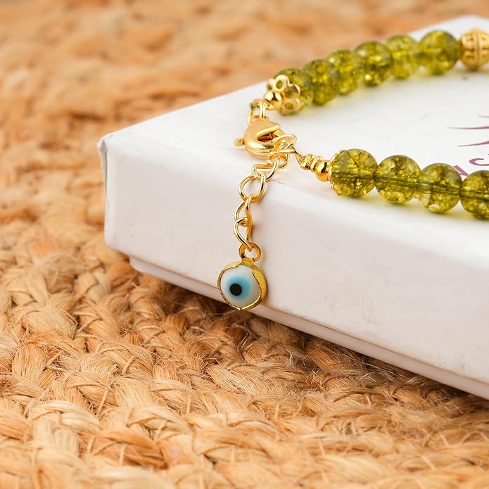 AAA Grade Natural Gemstone Beaded Bracelet, 14K Gold Plated with Evil Charm, Wicca & Reiki Healing Crystals, Handmade Bohemian Jewelry, Christmas Gift for Women (7+1inch)
