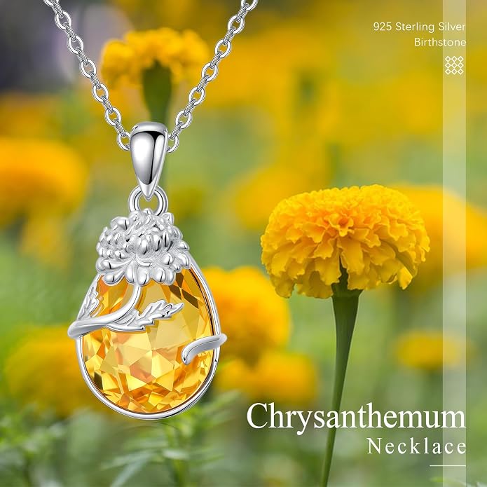 925 Sterling Silver Birth Flower Necklace with Teardrop Shaped Birthstone - 12 Colors, 12 Kinds of Flower - Ideal Birthday Jewelry Gift for Women, Mothers, Daughters & Wives