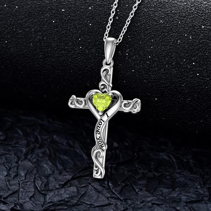 TOUPOP Cross Birthstone Necklace for Women 925 Sterling Silver Heart Cross Pendant I Love You Jewelry Anniversary Birthday Mothers Day Gifts for Mom Wife Her