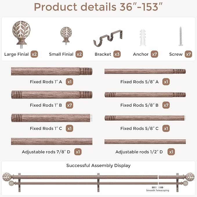 Boho Decorative Double Curtain Rod, 36-153 Inch, Weathered Wood | Handmade Wood Grain Leaf Finials, Heavy Duty Adjustable Exrta Long Rustic Metal Dual Rods, 40 lb Capacity, Easy to Install