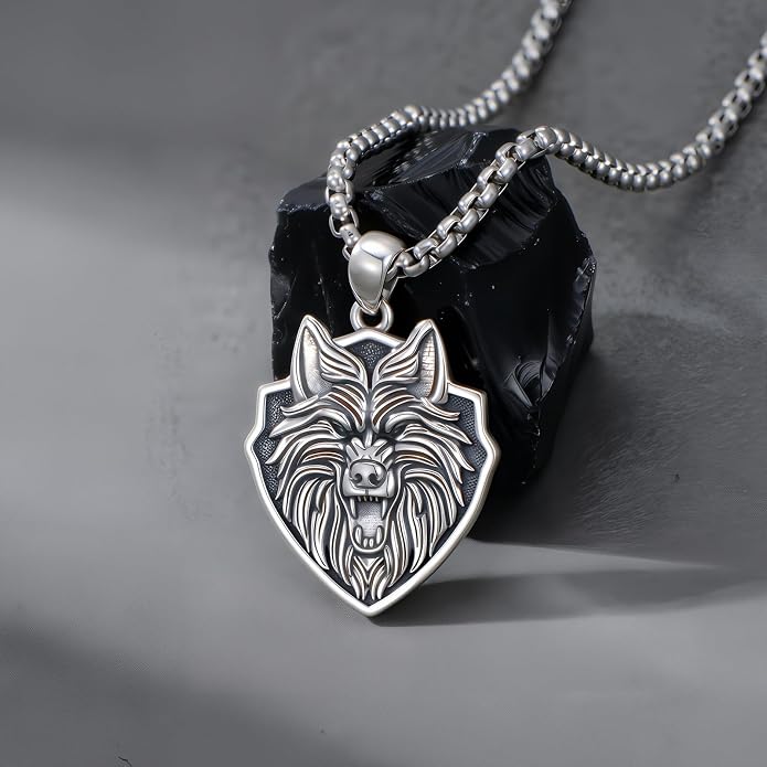 SIMONLY Eagle/Wolf/Skull Necklace for Men 925 Sterling Silver Shield Fish Hook Pendant Amulet Necklace Viking Shield Jewelry Christmas Gifts for Him