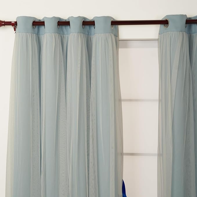 INLINAS Sky Blue Blackout Curtains with Sheer Overlay - Grommets Thermal and Noise Reduction Panels for Bedroom and Living Room Light Blocking and Energy Saving, 52 x 63 Inch, Set of 2