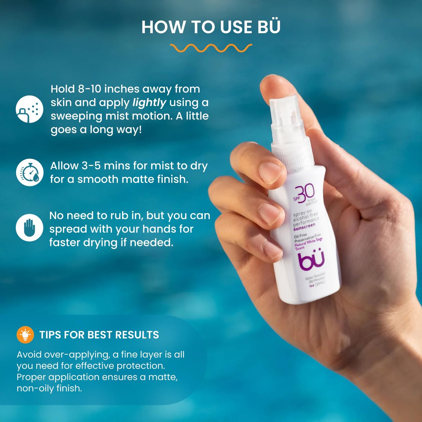 BU SPF 30 Sunscreen Spray for Face and Body, Non Aerosol Spray, TSA Travel Size Sunblock, Clear, Non Greasy, Water Resistant, White Sage 1 oz