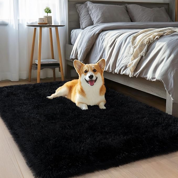 qulint Black Rug for Bedroom, 2x3 Small Area Rug for Living Room Boys Room | Soft Shag Fuzzy Rug for Boys Room, Plush Shaggy Alfombras for Kids Boys and Girls Dorm Kid Room Classroom Home Decor