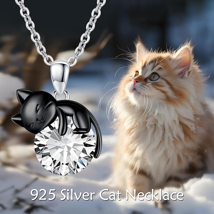 Cat Necklace Sterling Silver Cat Zircon Pendant Gothic Jewelry for Women Animal Lovers Gifts