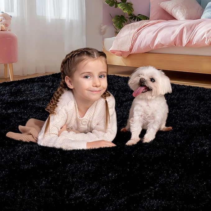 qulint Black Rug for Living Room, 10x14 Rug for Bedroom Fluffy Large Carpet | Soft Shaggy Rug for Living Room, Fuzzy Plush Modern Solid Rug for Dorm Kid Room Classroom Nursery Home Decor