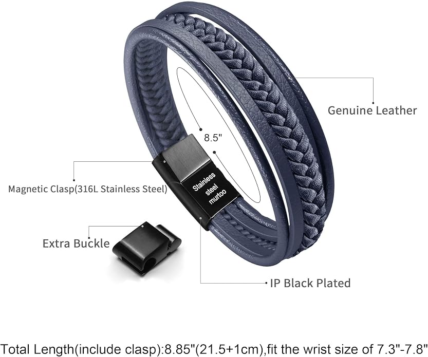 murtoo Mens Leather Bracelet with Clasp Cowhide Multi-Layer Braided Leather Mens Bracelet