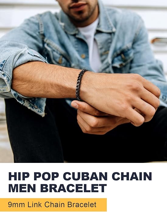 U7 Link Bracelets for Men, Cuban Link/Rope/Watch Band Solid Bracelet, Silver Black Gold Color Wrist Bracelet 3/6/9/12/15mm Width, 6.5/7.5/8.3 Inch Length, Hand Chain Jewelry for Mens Women