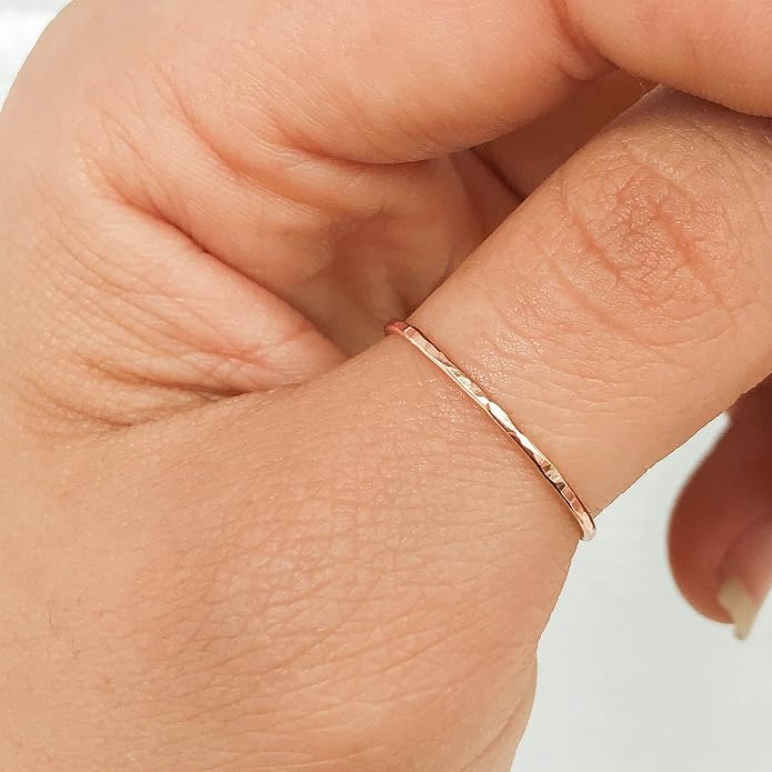 Ellie J Maui Hammered Ring, 1mm Thin Stacking Rings, Minimalist Rings for Women, 14K Gold Filled Rings for Teen Girls Midi Knuckle Pinky Finger Jewerly (Size 3-11)