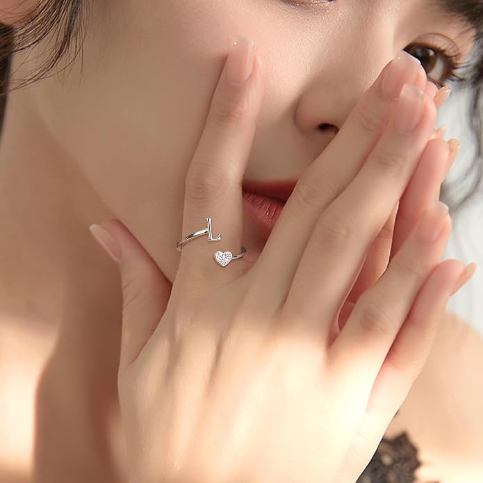 MILACOLATO 925 Sterling Silver Initial Rings for Women Teen Girl 18K Gold Plated Heart Initial Rings Adjustable Capital Letter Ring Stackable Thumb Pinky Rings for Daughter Birthday Bridesmaid Gifts Jewelry, A to Z