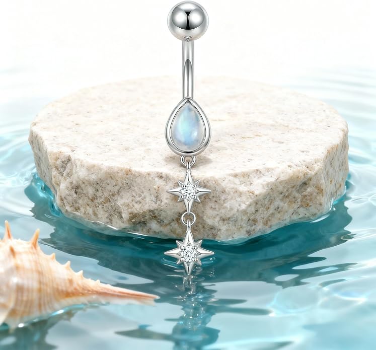 Opal CZ Dangle Belly Button Rings for Women 925 Sterling Silver 16G Heart Teardrop Sun Navel Rings Belly Piercing Jewelry Gift