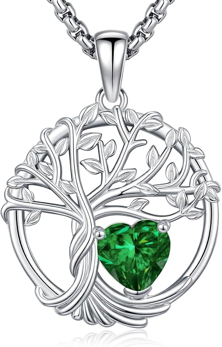 Birthstone Tree of Life Necklace for Women Heart Crystal Pendant Silver Plated Birthday Anniversary Jewelry for Wife, Mom, and Her