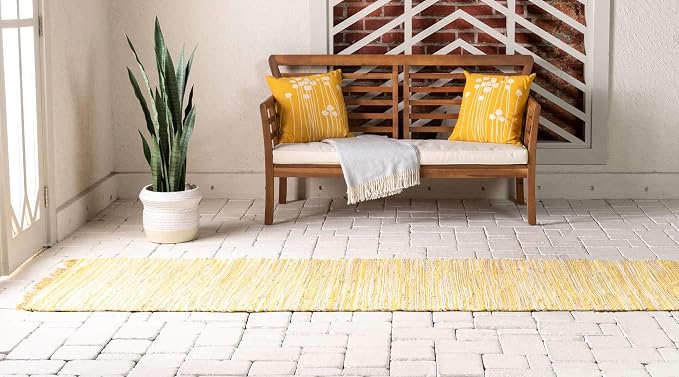 Unique Loom Chindi Cotton Collection Soft Hand Woven Natural Fiber Striped Area Rug, 2 ft 7 in x 9 ft 10 in, Yellow/Ivory