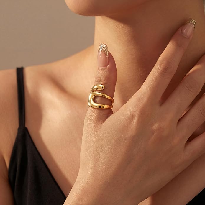Gelbesty Waterproof Gold Statement Rings for Women, 14K Gold Plated Chunky Open Stackable Rings Non Tarnish Fashion Adjustable Stainless Steel Pinky Knuckle Signet Vintage Ring Jewelry Size 5-11