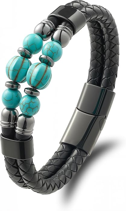 Black Braided Leather Bracelet for Men with Turquoise, Lapis Lazuli, Tiger Eye, Obsidian Stone Double-Row Wristband Beads with Stainless Steel Clasp Fashion Jewelry Gift for Him