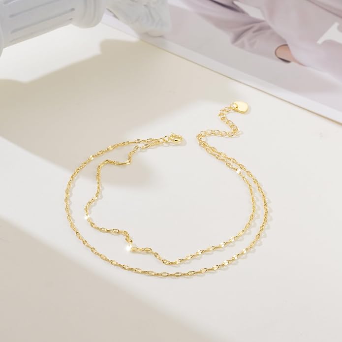 14K Gold Anklets for Women Gold Ankle Bracelets for Women Layered Anklet for Womens Ankle Bracelets Flat Mirror Chain Double-Layer Design Dainty Anklet for Womens Anklets 9.4'' to 11''