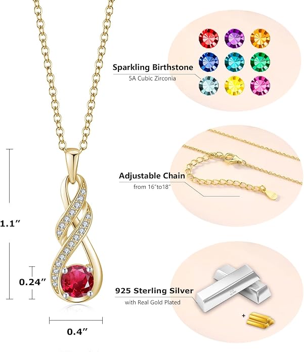 Birthstone Necklaces for Women 925 Sterling Silver Infinity Pendant Created Gemstone Jewelry for Her, 16"+2"