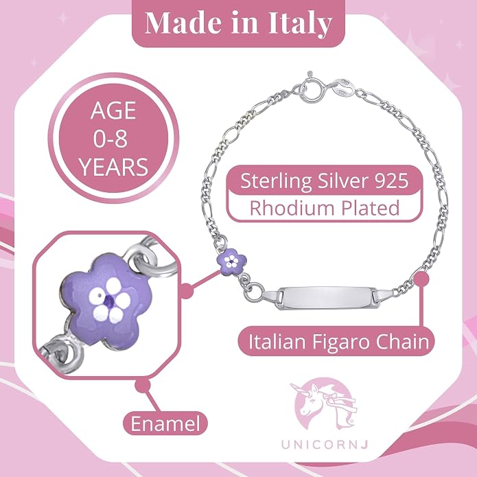 UNICORNJ 925 Italy Sterling Silver Child or Baby Name Bracelet Girls Boys, Personalized Engraved Kids ID Bracelets, 6.5" Figaro Chain, Enamel Charm Newborn Infant Toddler Kid Jewelry