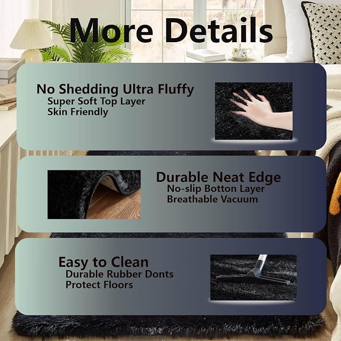 Floralux 5x7 Rug for Bedroom in Black, Ultra-Soft Fluffy Shag Area Rugs for Living Room, Modern Non-Slip Shaggy Floor Carpet for Teens Dorm, Bedside, Playroom, Nursery, Home Decor Aesthetic