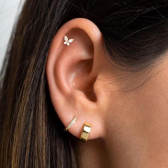1Pcs 14K Yellow/White Gold Cartilage Earring for Women, 16G Threadless Flat Back Top Push in, Butterfly Tragus Helix Labret Lip Stud Piercing Jewelry