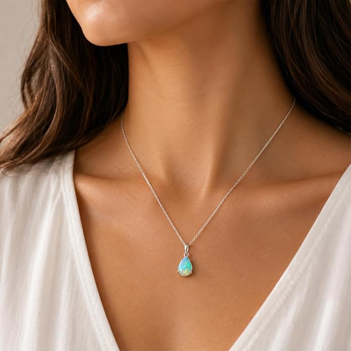 Natural Ethiopian Opal Silver Necklace For Women Dainty Cabochon Pendant, October Birthstone, Real Fire Play Pendants for Women, 925 S Adjustable 18 inch Chain, Mother's Day Jewelry Gift - Mom