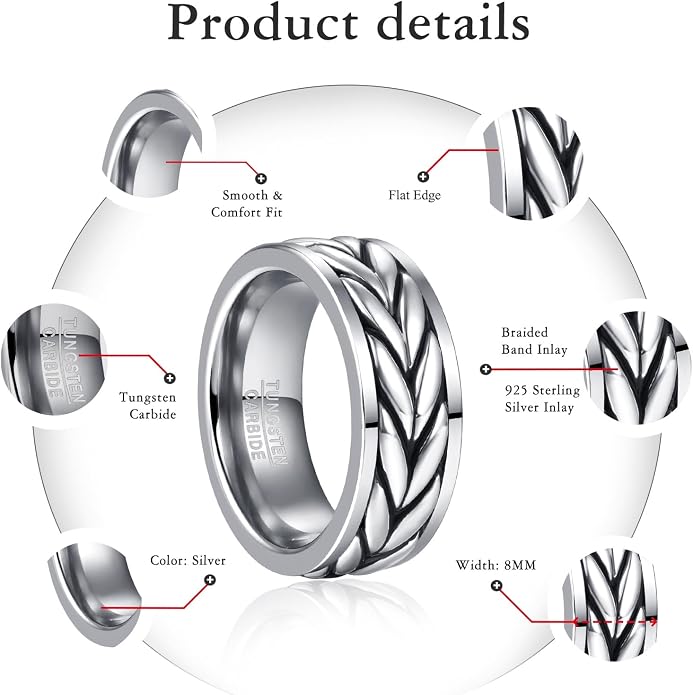 NUNCAD Tungsten Rings for Men 925 Sterling Silver Celtic Knot Braided Inlay Viking Style Tungsten Carbide Ring Comfort Fit Size 8-11