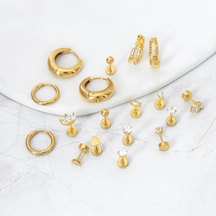 Stainless Steel Stud Earrings Set for Women Hypoallergenic Flat Back Cartilage Earrings Screw Back Huggie Hoop Earrings Multiple Piercing Cubic Zirconia Helix Tragus Jewelry