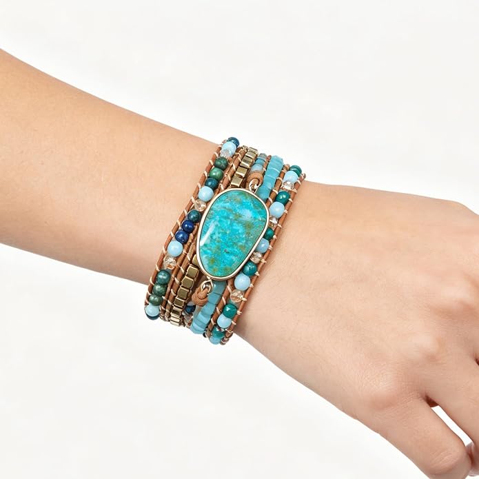 Plumiss Women Boho Handmade Natural Stone Crystal Leather Bead Wrap Bracelets Collection