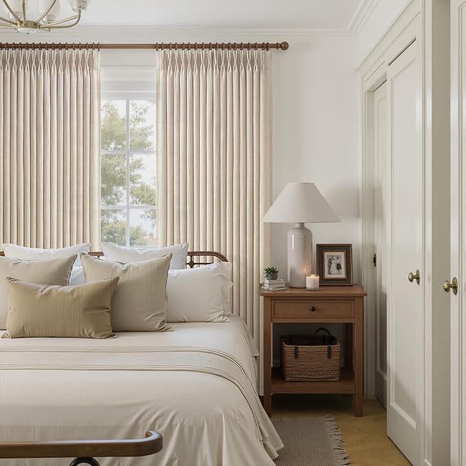 Pinch Pleated Semi Sheer Natural Linen Curtains 96 Inches Long for Living Room, Memory Trained Light Filtering 8FT Length Viral Windows Drapes Privacy Bedroom Modern Curtain 2 Panels Set Hooks Rings