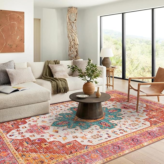 Moynesa Ultra-Thin Washable 10x14 Area Rugs for Bedroom, Pink Large Living Room Rug Non Slip, Medallion Oriental Indoor Floor Carpet for Dining Room Table Dorm Home Office Decor