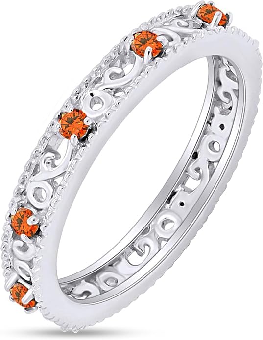 Jewel Zone US Filigree Eternity Wedding Band Ring for Women, Round Cut Simulated Gemstone Stackable Promise Ring in 14K Gold Plated 925 Sterling Silver Band Width 3.5mm – Elegant Jewelry for Her