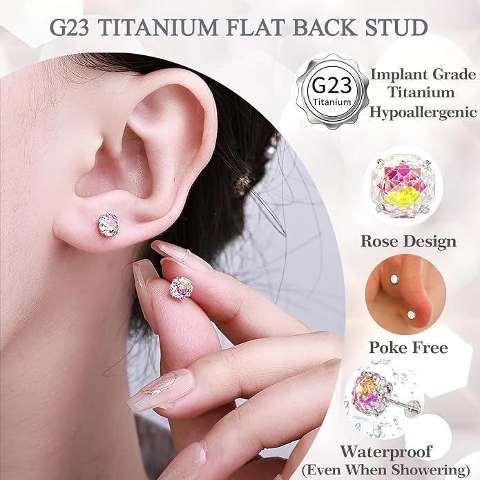 Flat Back G23 Titanium Stud Earrings, Hypoallergenic Titanium Cubic Zirconia Piercing Ear Studs, Versatile Eyebrow Lip Labret Cartilage Helix Sleeper 18G Jewelry for Women Men