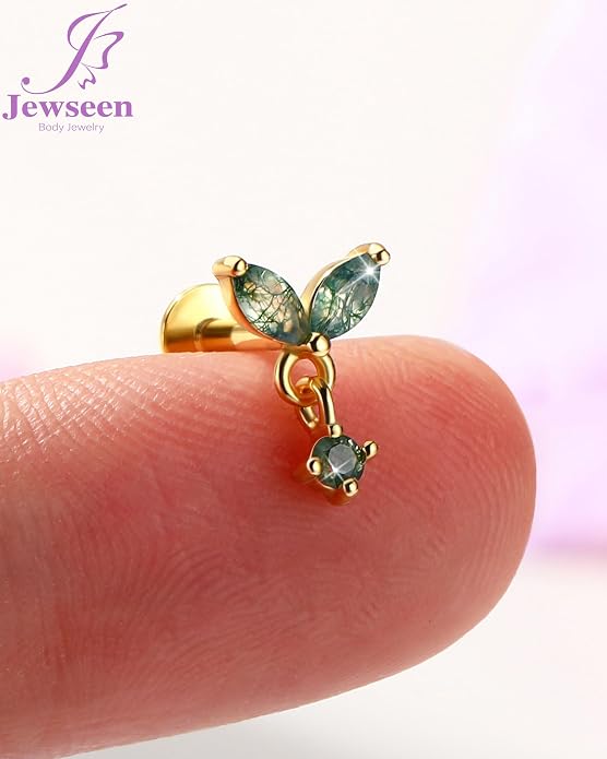 Jewseen Celtic knot&Butterfly Moss Agate Stud Earrings Dangle Internal Threaded Flat Back 16g 8mm Hypoallergenic 925 Sterling Silver Piercing Jewelry for Cartilage Lip Conch Tragus Helix