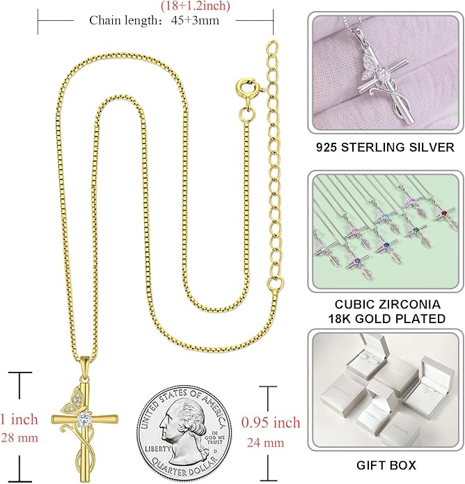 STARCHENIE Butterfly Cross Necklace 925 Sterling Silver Crucifix Pendant Birthstone Jewelry for Women