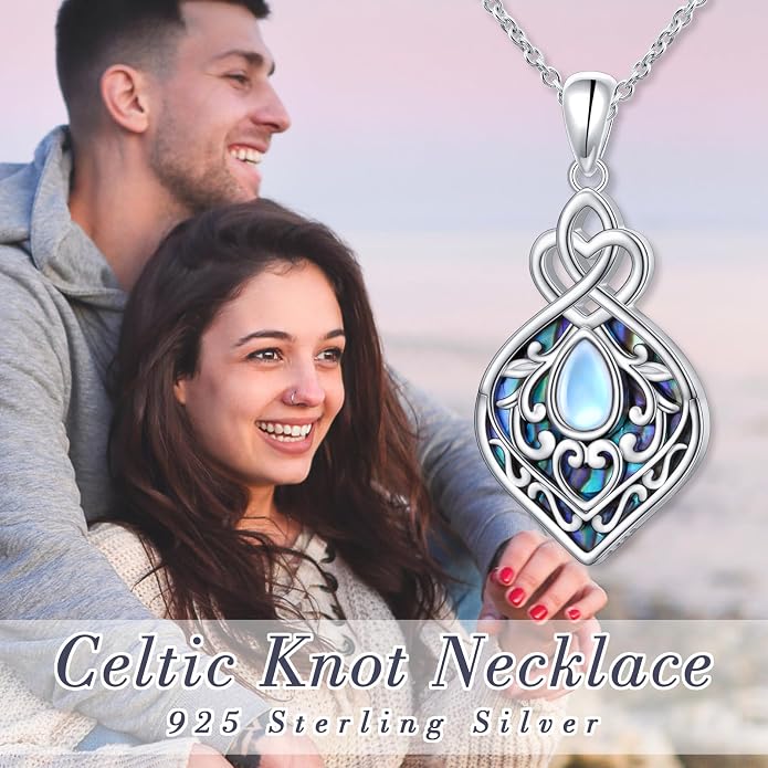 DAOCHONG 925 Sterling Silver Filigree Moonstone Sunflower Necklace Celtic Teardrop Abalone Shell Jewelry for Women Birthday Christmas Anniversary