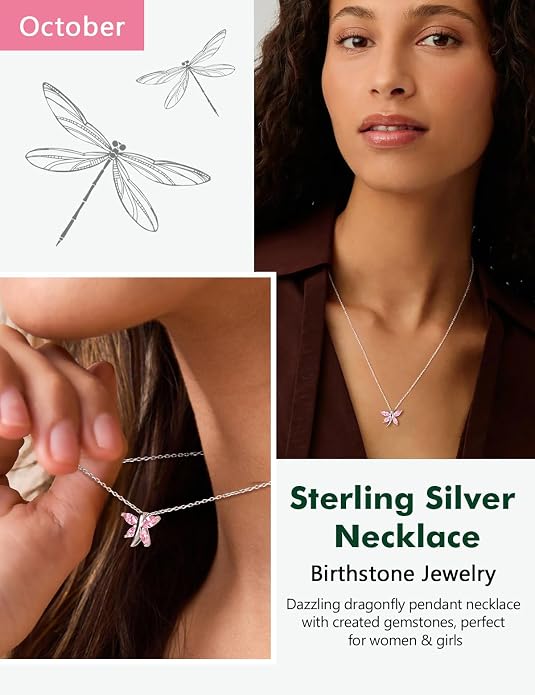 925 Sterling Silver Birthstone Necklaces for Women, Dainty Cute Dragonfly/Butterfly Pendant Necklace, Great Christmas/Anniversary Jewelry for Mother