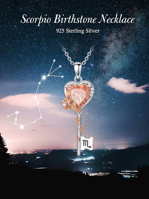 OCJ Zodiac Necklace for Women 925 Sterling Silver Rose Flower Key Pendant Necklaces Zodiac Birthstone Jewelry Wife Birthday Anniversary Christmas Gifts for Her