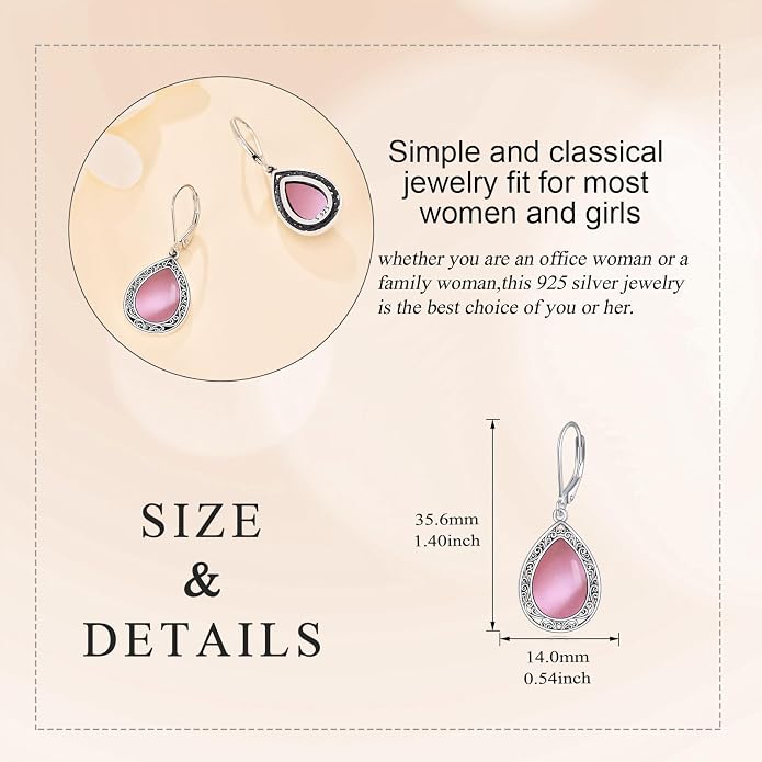 Moonstone/Lapis Lazuli/Peridot/Amethyst/Pink Teardrop Earrings for Women Sterling Silver Filigree Dangle Earrings Leverback Earrings Jewelry Gifts for Women