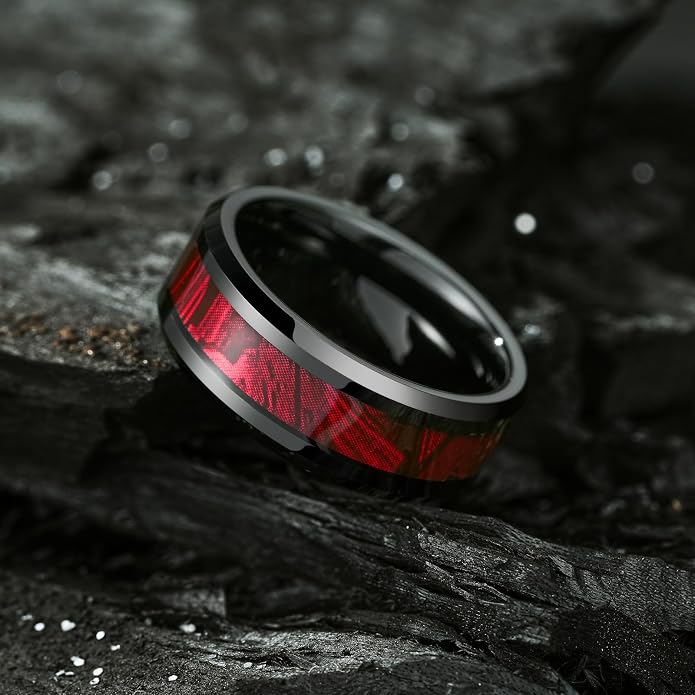 King Will Black Tungsten Wedding Band For Men, 8mm Promise Ring Inlay Red Twill Pattern/Colorful Wood Chips, High Polished Beveled Edge - Suitable For Daily Wear, Comfort Fit Size 7-14