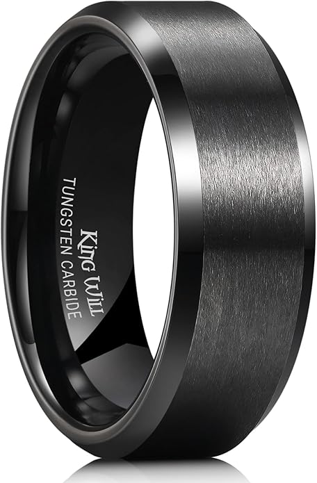 King Will Tungsten Men's Wedding Ring - Available in 6mm to 10mm, Black/Silver, Matte Finish, Beveled Polished Edge, Comfort Fit