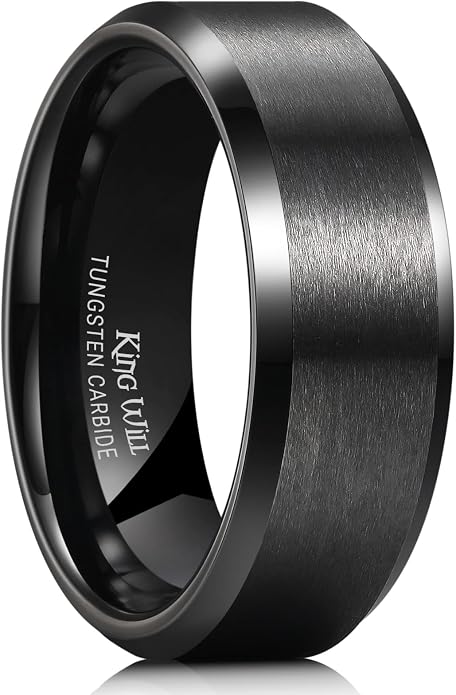 King Will Tungsten Men's Wedding Ring - Available in 6mm to 10mm, Black/Silver, Matte Finish, Beveled Polished Edge, Comfort Fit