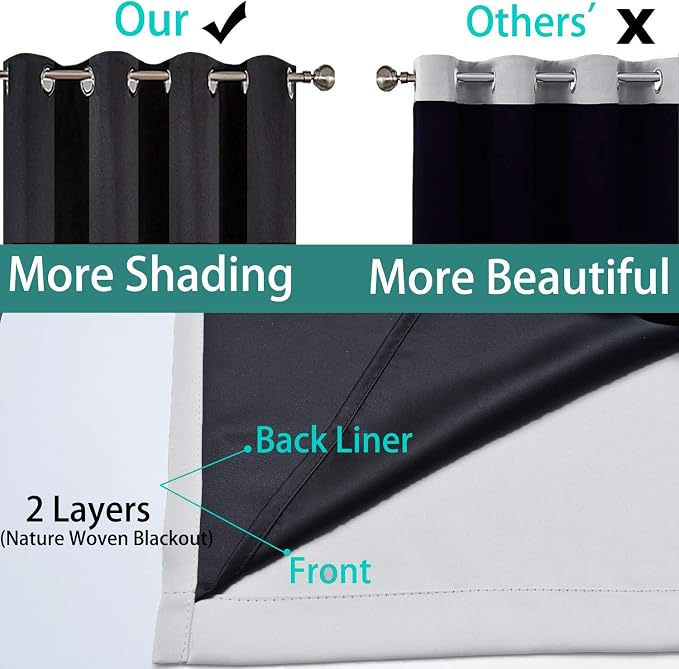 Yakamok Light Grey 100% Blackout Curtains 63 Inches Long 52" Wide 2 Panel | Blackout Curtain Panels for Bedroom, 2 Thick Layers Grommet Top Thermal Insulated Drapes with Black Liner for Living Room