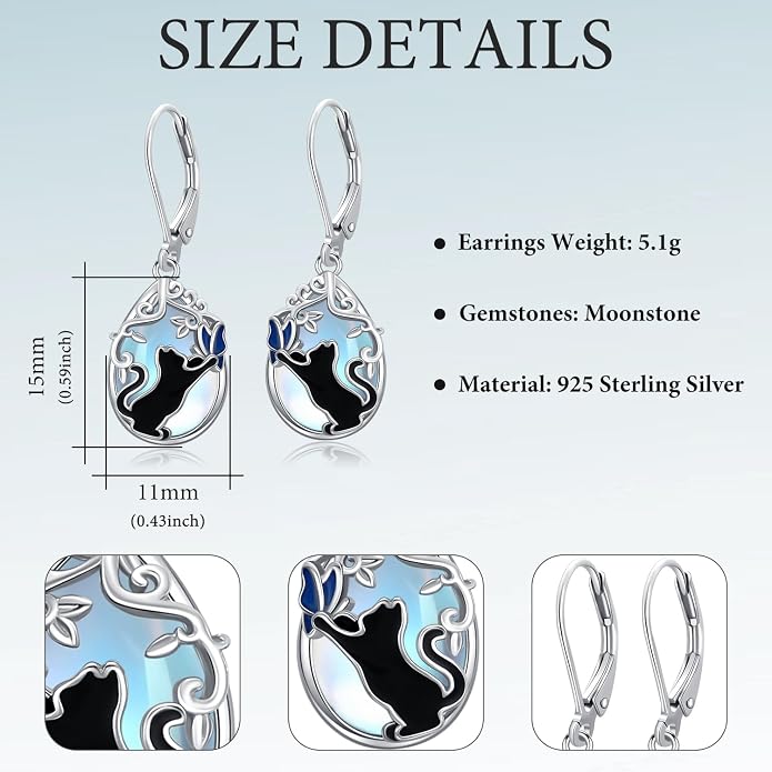 925 Sterling Silver Earrings Tree of Life/Cat/Animal/Turquoise/Moonstone Dangle Drop Earrings for Women Leverback Earring Hypoallergenic Jewelry Gifts