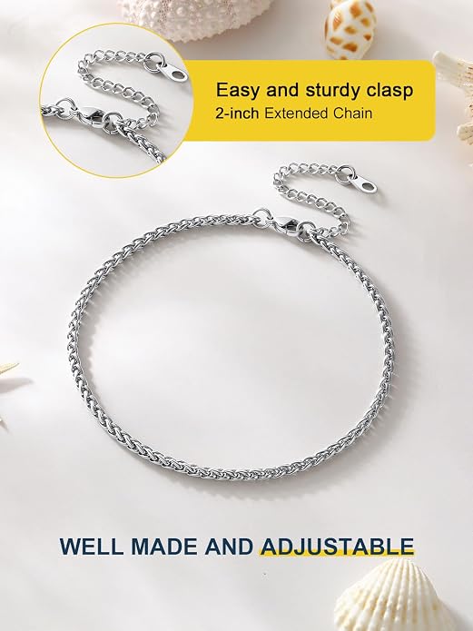 ChainsPro Resizable Anklet Chain for Women Men, Figaro/Wheat/Twist Rope/Cuban Foot Bracelet-Strong with Good Clasp-18K Gold Plated(Send Gift Box)